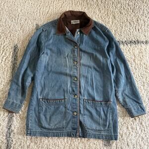 Vtg Cabin Creek Medium Blue Denim Chore Barn Jacket Brown Corduroy Collar Button